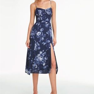 Commense Sweetheart Aqua Floral Bloom Contour Strap Slit Dress